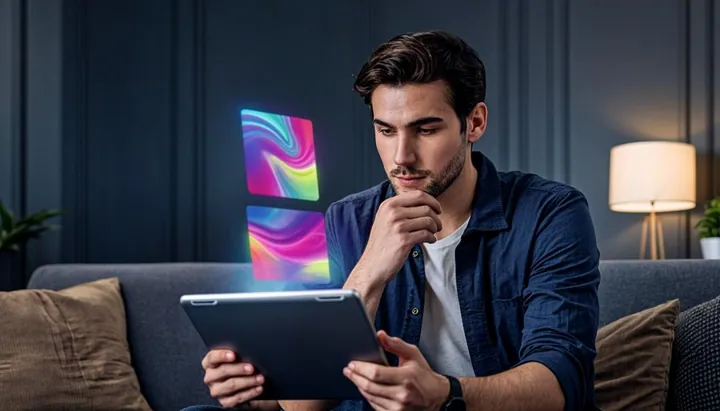 Personne comparant des formules d'abonnement IPTV sur une tablette avec cartes holographiques
