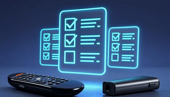 Liste de critères holographiques avec coches lumineuses pour évaluer un abonnement IPTV